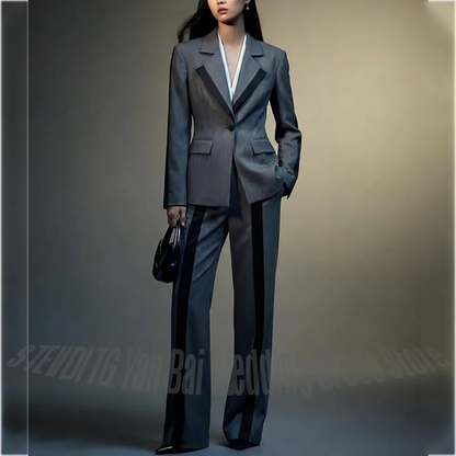 2026 New Grey Women's Suit 2 Piece Set Elegant Office Lady Blazer Pants Black Trim Tailored Suit Formal Business Work Wear