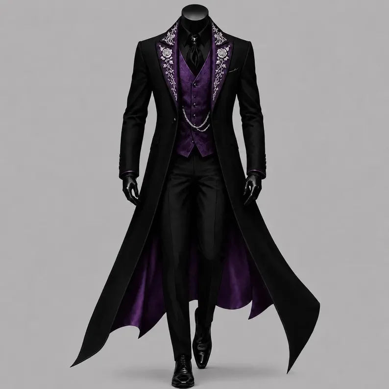 Men Black Gothic Long Tail Coat 3 Pieces Suit Jacket Purple Vest Pants Set Tuxedo Formal Banquet Wedding Cosplay Customized