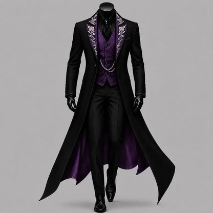 Men Black Gothic Long Tail Coat 3 Pieces Suit Jacket Purple Vest Pants Set Tuxedo Formal Banquet Wedding Cosplay Customized