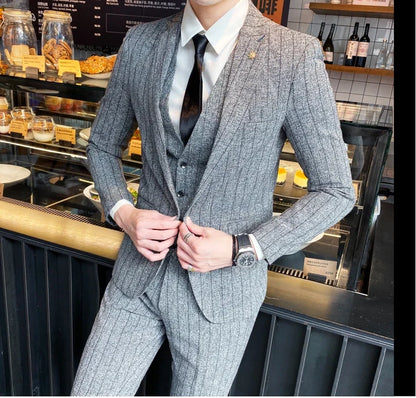 Men's 3-Piece Slim Fit Striped Plaid Suit Set with Vest and Trousers – Wedding & Business