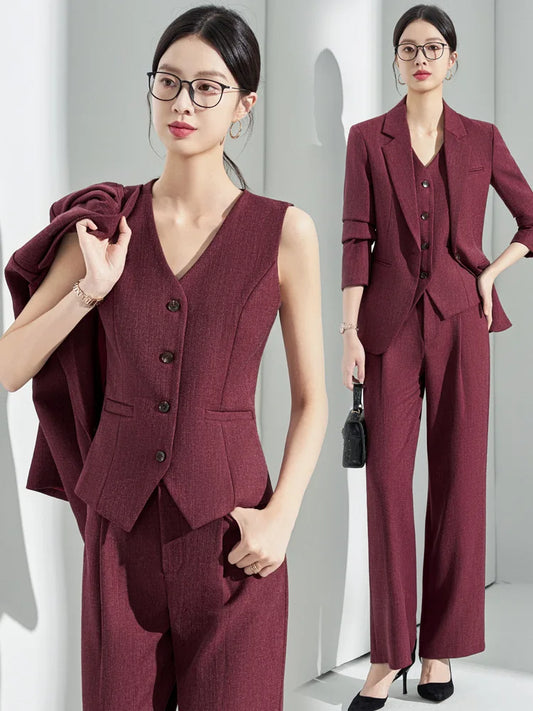 Formal Office Lady Slim Fit 2 Piece Suits Autumn Dark Brown Single Button Blazer And Pants Elegant Business Female Work Wear