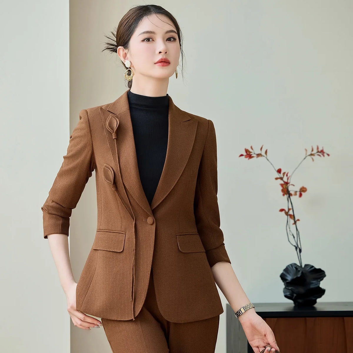 High End Khaki Elegant Fashion Two Piece Set Fashion Women Slim Single Button Blazer And Flare Pant Office Lady Work Wear