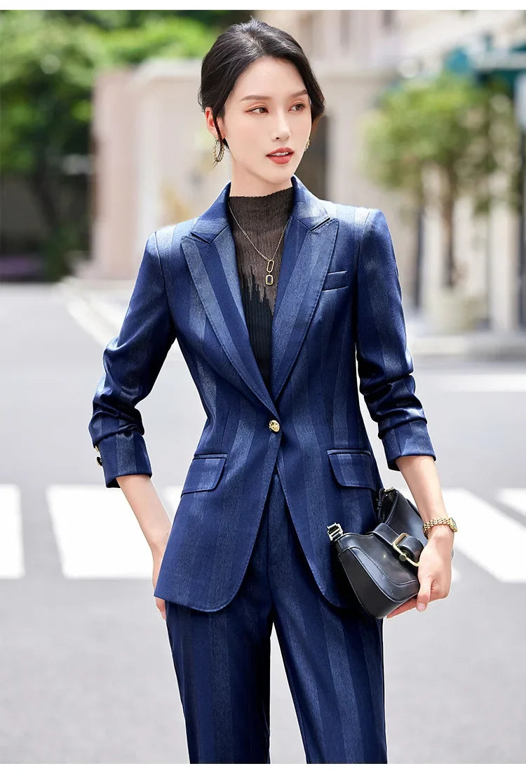 Women Blazer Pants Sets Yellow Two Pieces 2024 Autumn Workwear Trousers Formal Striped Navy Blue Long Sleeve Tops Pantsuit