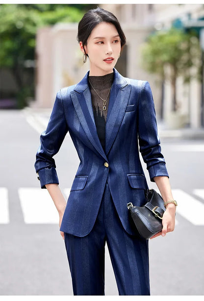 Women Blazer Pants Sets Yellow Two Pieces 2024 Autumn Workwear Trousers Formal Striped Navy Blue Long Sleeve Tops Pantsuit
