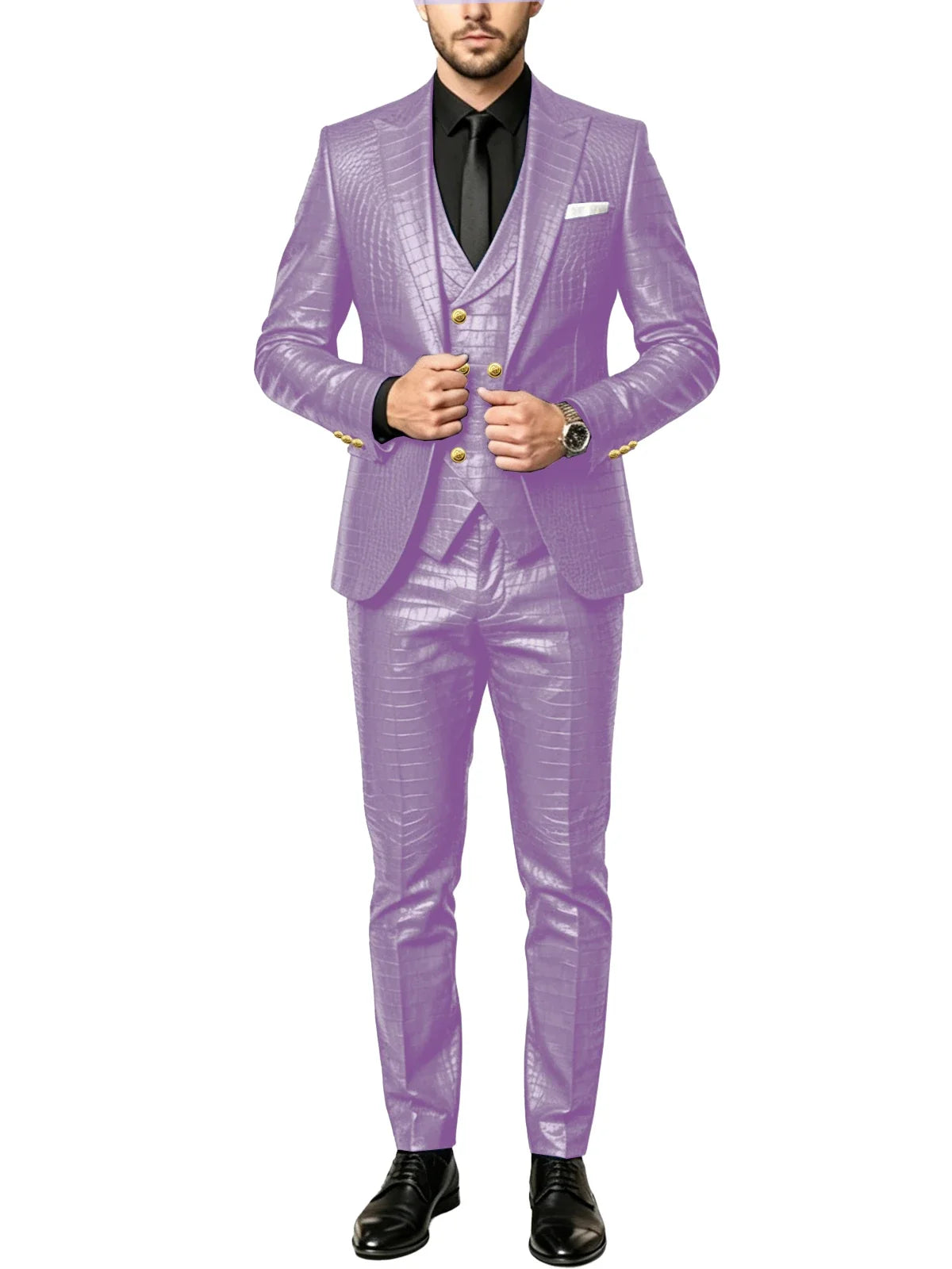 Men's 3 Piece Suit Crocodile Pattern Prime PU Leather Single Breasted Gold Buttons Slim Fit Wedding Dinner Party Formal Outfit ﻿