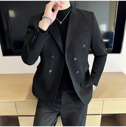 Autumn High-quality Double Breasted Slim Fit Suit Jacket Men Versatile Casual Business Blazer Wedding Social Banquet Formal Coat