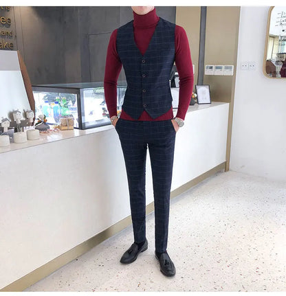 Luxury Men Slim Fit Check Suit Men Business Office Formal Suits 3 Pcs Set Blazers Pant Casual Wedding Social Tuxedo Dress Homme