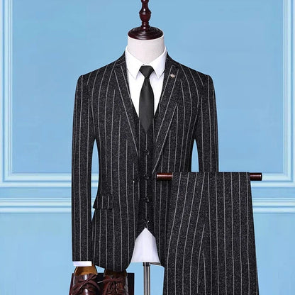 Men's Three-Piece Suit Single Button Vertical Stripe Smart Casual Business Suit