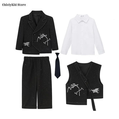 Boys Solid Double Breasted Blazer Jack Vest Pants Children Suit Waistcoat Wedding Clothes Sets Toddler Formal Dress Kids Tuxedos