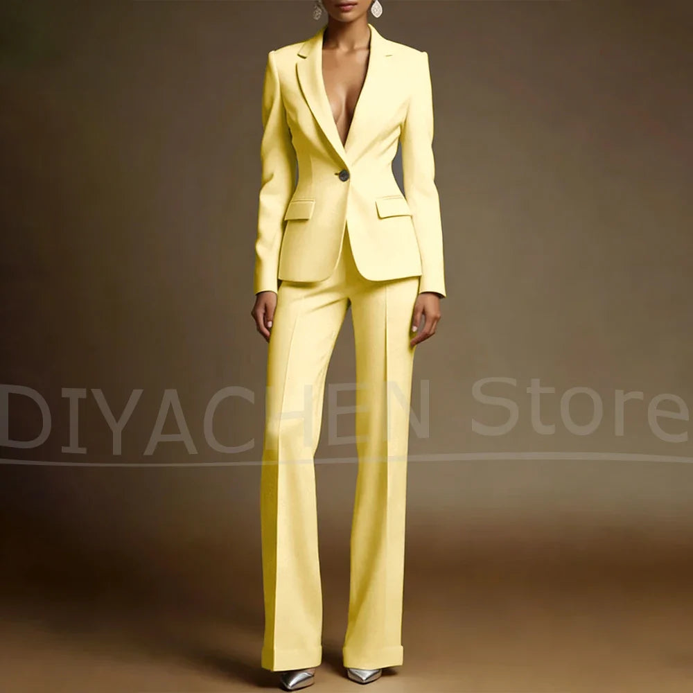 Women's White Suit Set Slim Fit Two Piece Jacket and Wide Leg Pants Office Casual Formal Occasions Elegant Female Outfit