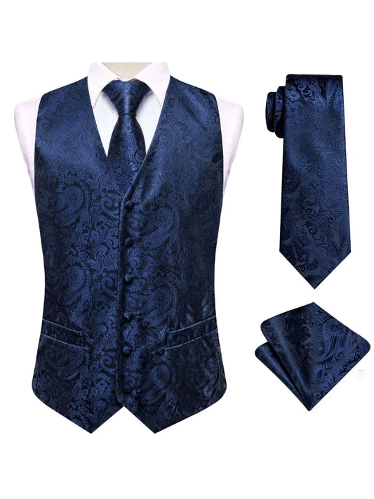 Men's Waistcoat Set Jacquard Dark Blue Paisley Pattern with Necktie & Handkerchief for Business & Ceremony