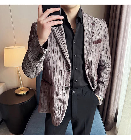 Korean Trend 3D Pleated Suit Jacket for Men Wedding Groom Business Dress Jacket Casual Banquet Party Host Blazer Masculino