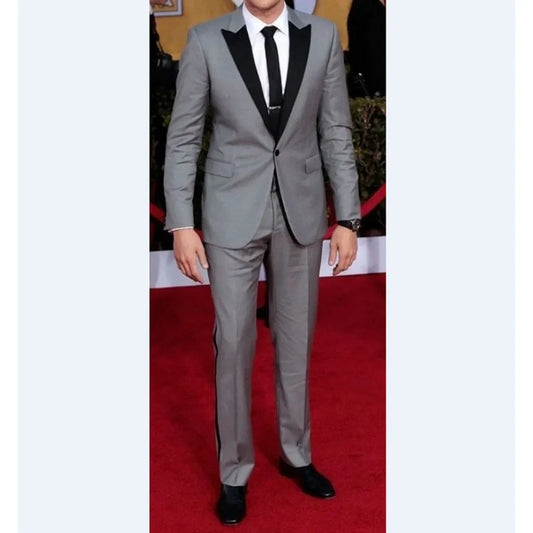 Light Grey Slim fit Groomsmen Peak Black Lapel Groom Tuxedos Mens Suits Wedding Best Men suit (Jacket+Pants） Men Suit
