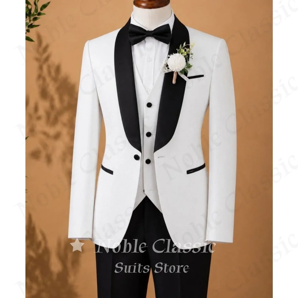 Men 3 Piece Suit Black Satin Collar White Shawl Lapel Slim Fit Groom Tuxedo Jacket Vest Pants Wedding Prom Coat Customized