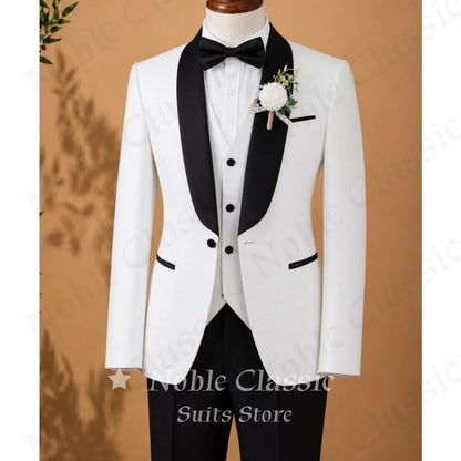 Men 3 Piece Suit Black Satin Collar White Shawl Lapel Slim Fit Groom Tuxedo Jacket Vest Pants Wedding Prom Coat Customized