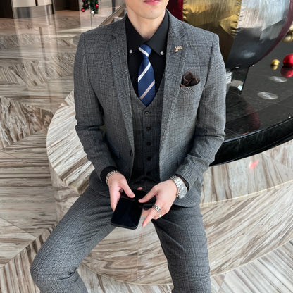 Ensemble costume trois pièces à carreaux modifié de haute qualité de style coréen britannique pour hommes - Gilet et pantalon de costume décontracté élégant