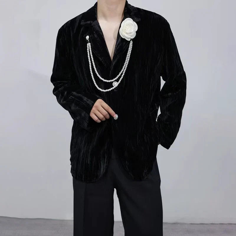 Luxury Elegant Handsome Blazer Coat Men's Original Niche Three-dimensional Pearl Chain Stylish Solid Color Jacket JY4431