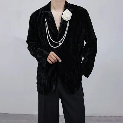 Luxury Elegant Handsome Blazer Coat Men's Original Niche Three-dimensional Pearl Chain Stylish Solid Color Jacket JY4431