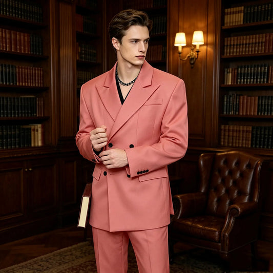 Men's Serge 2 Piece Suit Double Breasted Peak Lapel Oversized Shoulder Tuxedo Blazer Straight Leg Pants Fashion Set Wedding Part
