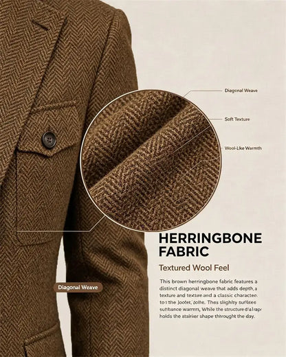 Men's Herringbone Tweed Plaid Blazer Wool Blend Vintage British Gentleman Business Casual Sport Hunting Coat Fit Suit Jacket