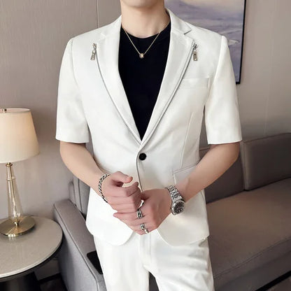 2023 Summer Zipper Decoration Blazers Men Casual Business Suit Jacket Slim Fit 3/4 Sleeve Streetwear Social Jacket Men Clothing