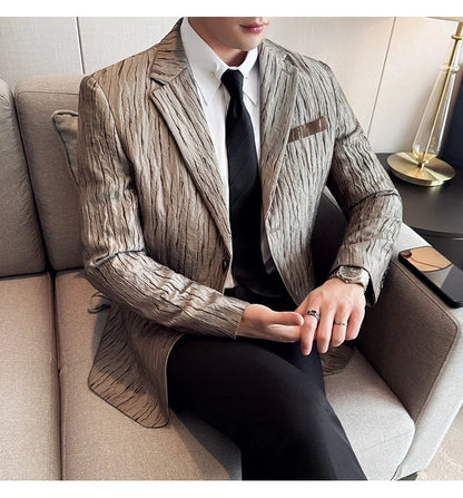 Korean Trend 3D Pleated Suit Jacket for Men Wedding Groom Business Dress Jacket Casual Banquet Party Host Blazer Masculino