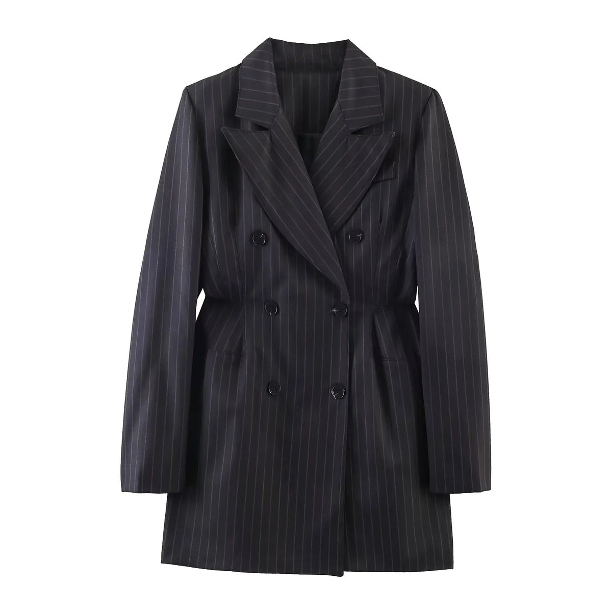 Women New Fashion Charcoal Gray Pinstripe Double-breasted Blazer Coat Female Versatile Lapel Long Sleeve Office Suit Jacket