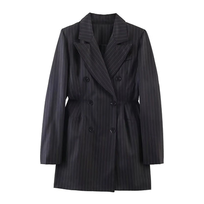 Women New Fashion Charcoal Gray Pinstripe Double-breasted Blazer Coat Female Versatile Lapel Long Sleeve Office Suit Jacket