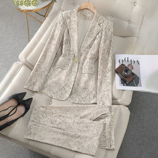 Pleuche Two Piece Set Womens 2024 Office Ladies Elegant Turn Down Collar Single Button Crop Blazers Straight Leg Pants Suits
