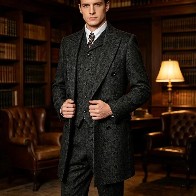 Men Vintage Herringbone Tweed 3 Piece Suit Double Breasted Overcoat Vest Pants Wedding Busines British Style Wool Blend Suit Set