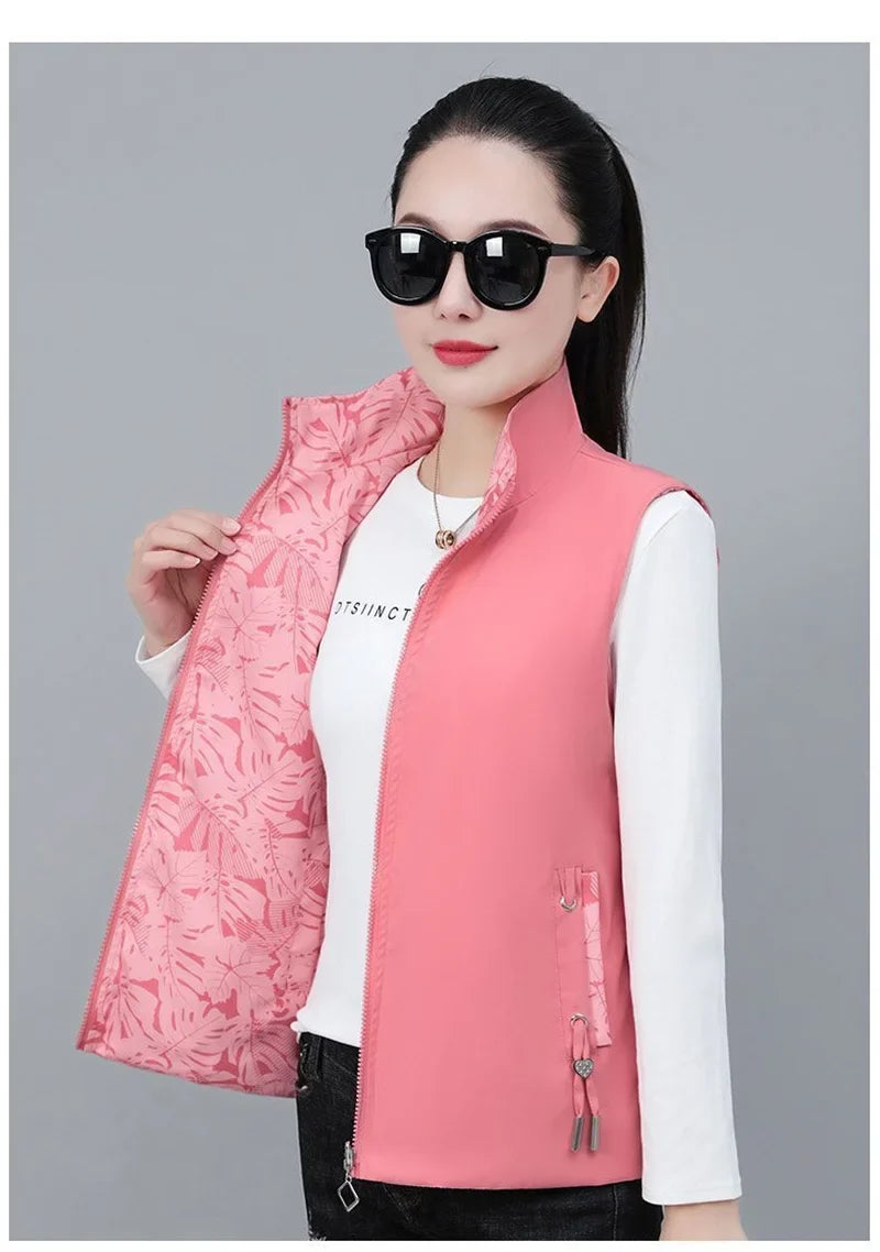 2026 Spring Autumn Women Double-sided Vest Fashion Stand Up Collar Sleeveless Jacket Female Waistcoat Casual Tops Chaleco Mujer