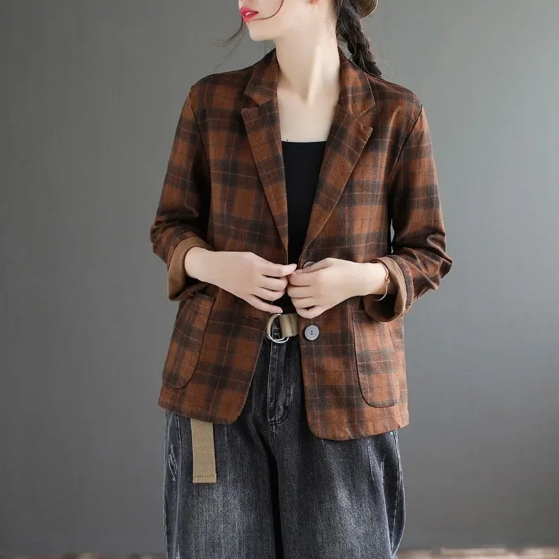 Fashion Chic Cotton Plaid Blazer Female Spring and Autumn New Literary Retro Elegant Commuter Small Incense Wind Jacket Women