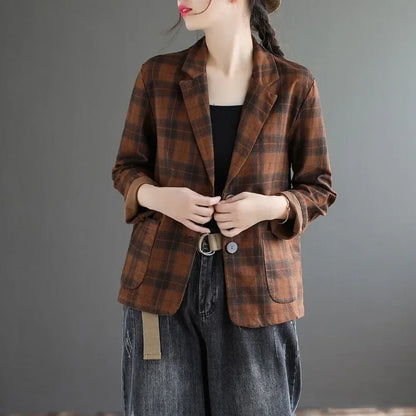 Fashion Chic Cotton Plaid Blazer Female Spring and Autumn New Literary Retro Elegant Commuter Small Incense Wind Jacket Women