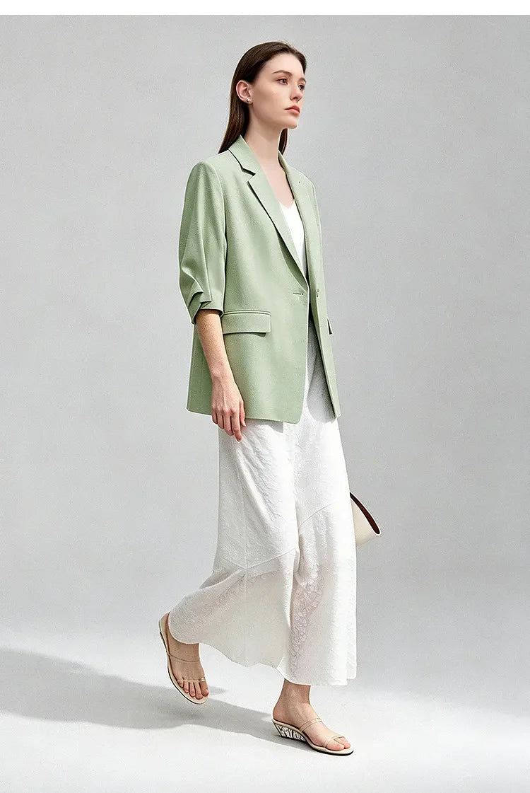 Women's Blazer 2026 Summer New Notch Lapel Linen Blend Pleated Half Sleeve Jacket Casual Office Midi Length Coat 12642184