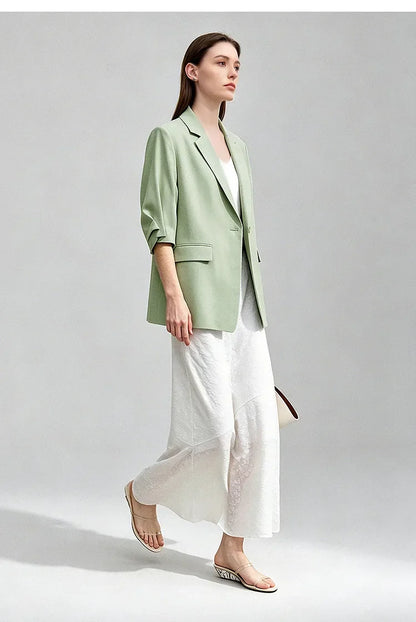 Women's Blazer 2026 Summer New Notch Lapel Linen Blend Pleated Half Sleeve Jacket Casual Office Midi Length Coat 12642184