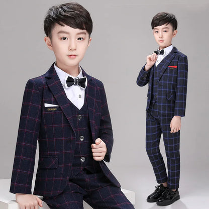 Clearance Stock sale Boys Spring Plaid 3Pieces/Set Jacket Vest Pants Photography Suit Kids Wedding Party Dress Children Costume