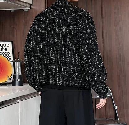 Men's Spring High-End Plaid Blazer Bad Boy Style Cropped Jacket Chinese Stand Collar Suit Outerwear
