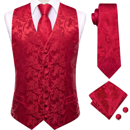 Men's Suit Vest Set Red Paisley Waistcoat with Tie Pocket Square Cufflinks for Weddings
