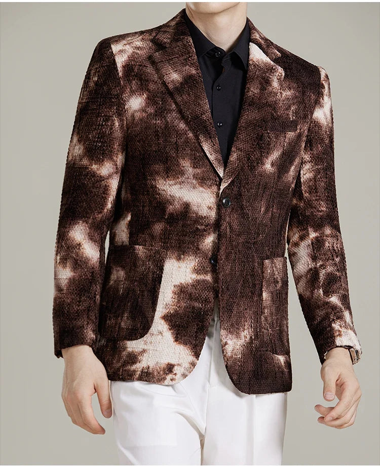 Autumn Korean Slim Fit Suit Jacket for Men Tie Dye Chenille Fashion Casual Suit Jacket Warm Business Social Formal Men Blazers