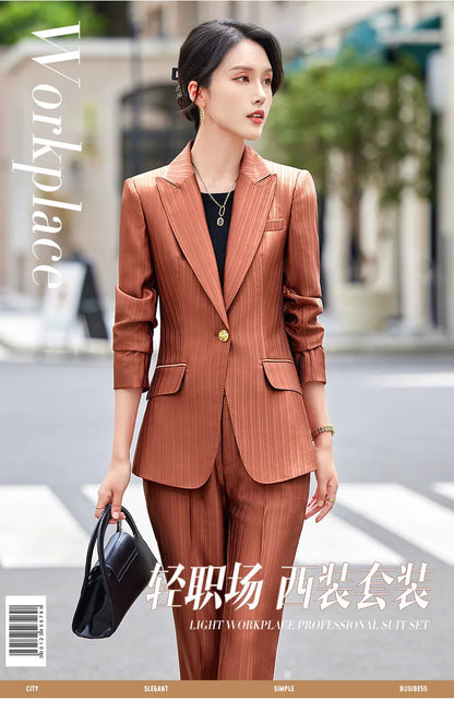 Professional Women's Suit2024New Autumn Green Striped Acetate Suit Workwear Elegant High-end Workplace Formal Wear