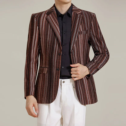 2025 Autumn Winter Velvet Striped Fashion Casual Suit Jacket Slim Fit Versatile Business Blazers Social Wedding Groom Dress Coat