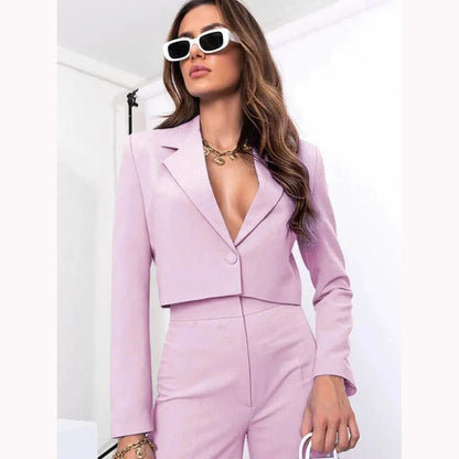 Single-grain Buckle Women Suit Two Pieces(Short Jacket+Pants) Peaked Lapel Office Lady for Business Daily Shopping Set Custom