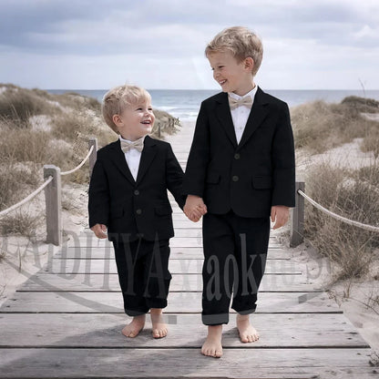 Beige Linen 2 Pieces Boys Suit Jacket Pants Kids Ring Bearer Outfit Breathable Summer Beach Wedding Birthday Party Costume