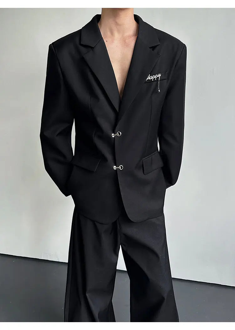 Spring Fashion Metal Buckle Decorate Solid Color Blazer Coat Men's Elegant Temperament Luxury Casual Male Clothes JY6115