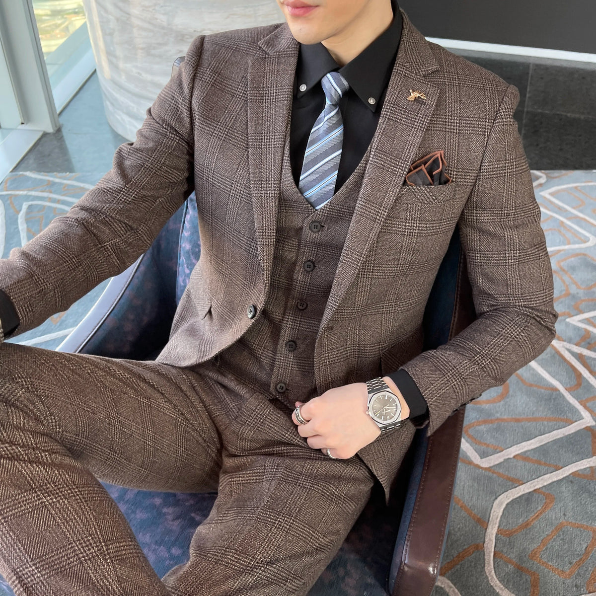 Ensemble costume trois pièces à carreaux modifié de haute qualité de style coréen britannique pour hommes - Gilet et pantalon de costume décontracté élégant