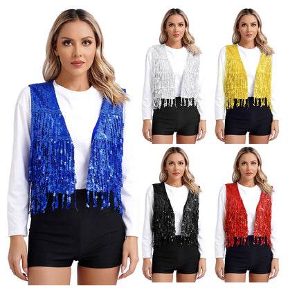 Women's Fringe Vest Clubwear Jazz Modern Dance Waistcoat Glitter Tassel Sleeveless Jacket Sequins Vests Music Festival Costumes