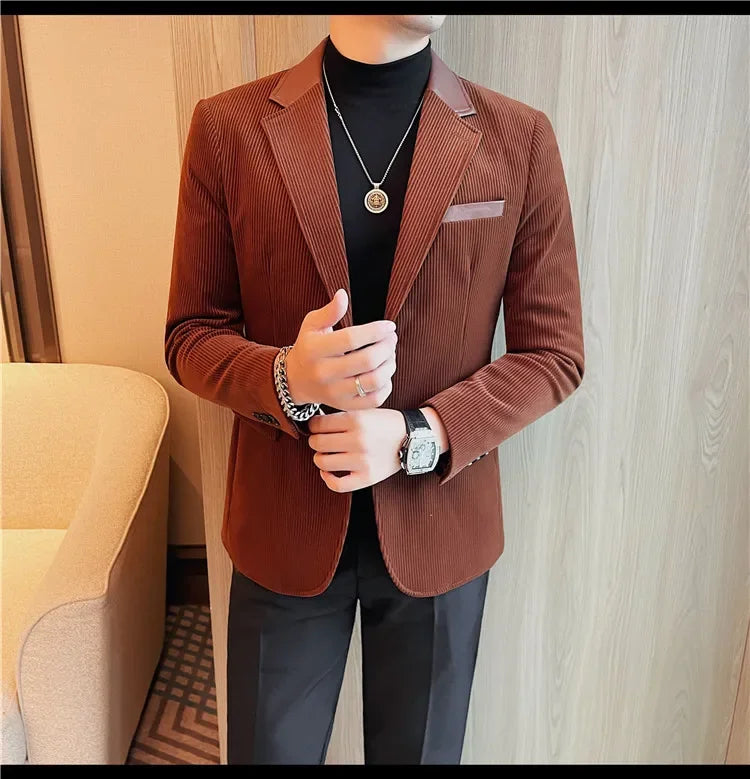 Autumn Winter Corduroy Suit Coat For Men Korean Elegant Slim Fit Business Formal Dress Coats Groom Wedding Tuxedo Suit Jacket