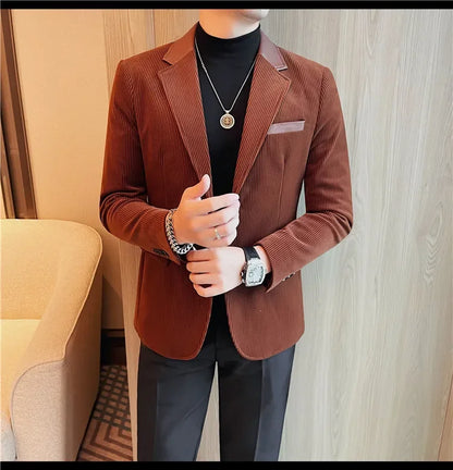 Autumn Winter Corduroy Suit Coat For Men Korean Elegant Slim Fit Business Formal Dress Coats Groom Wedding Tuxedo Suit Jacket