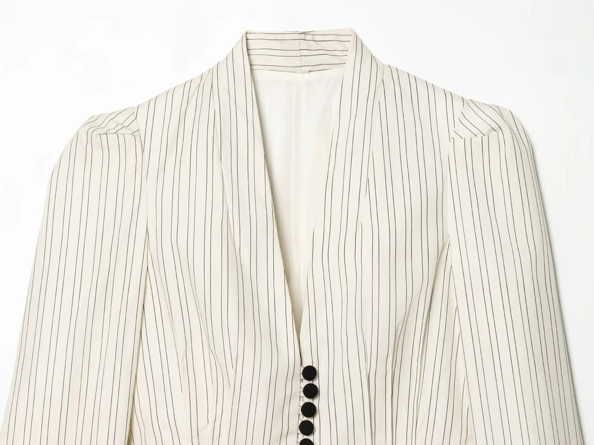 Women Fashion Striped Pleated Single Breasted Blazer Vintage V-Neck Long Sleeves Female Chic Lady Outfits