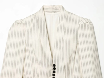 Women Fashion Striped Pleated Single Breasted Blazer Vintage V-Neck Long Sleeves Female Chic Lady Outfits